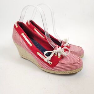 Sperry Clarens Womens Wedge Red white Striped Ropes Espadrilles shoes Size 9.5 M